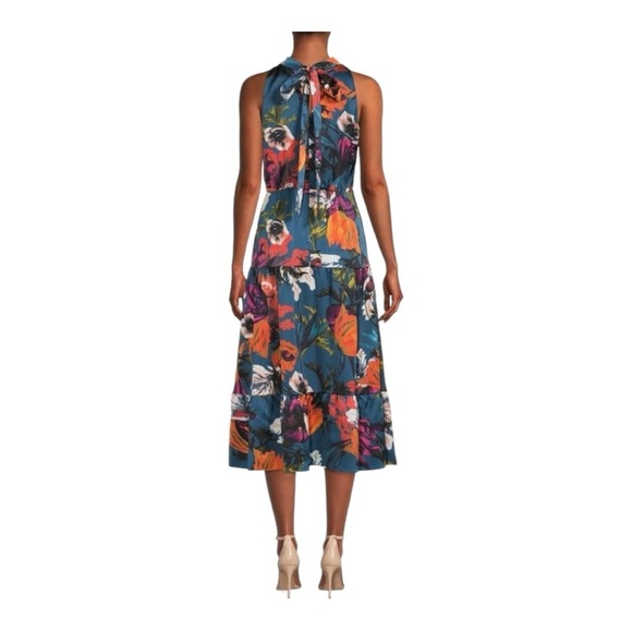 Sam Edelman Satin Midi Dress Elegant Floral Halter Neck Sleeveless Tiered Design - Picture 2 of 15